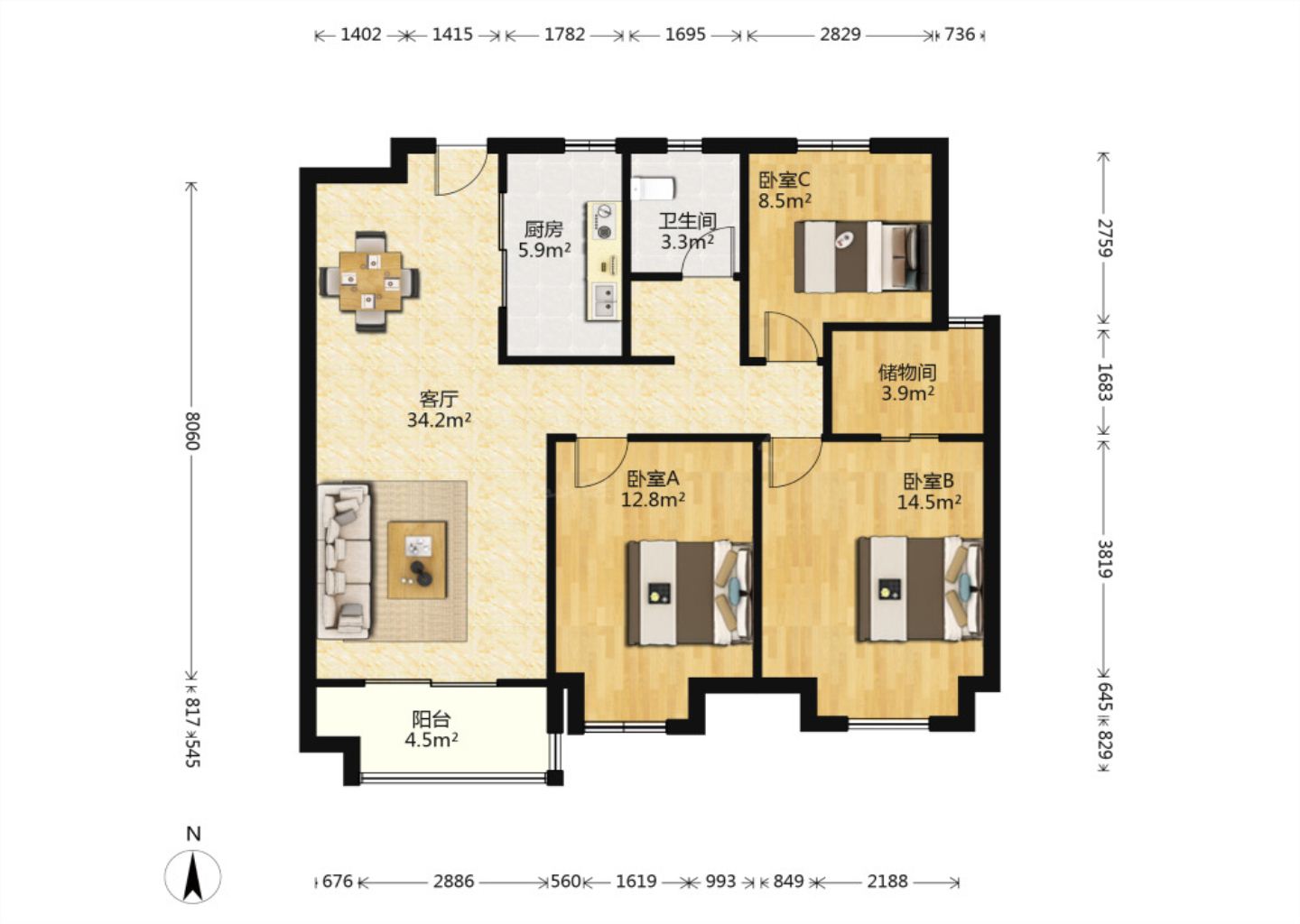 保利香槟国际 3室1厅2卫 117m&sup2;