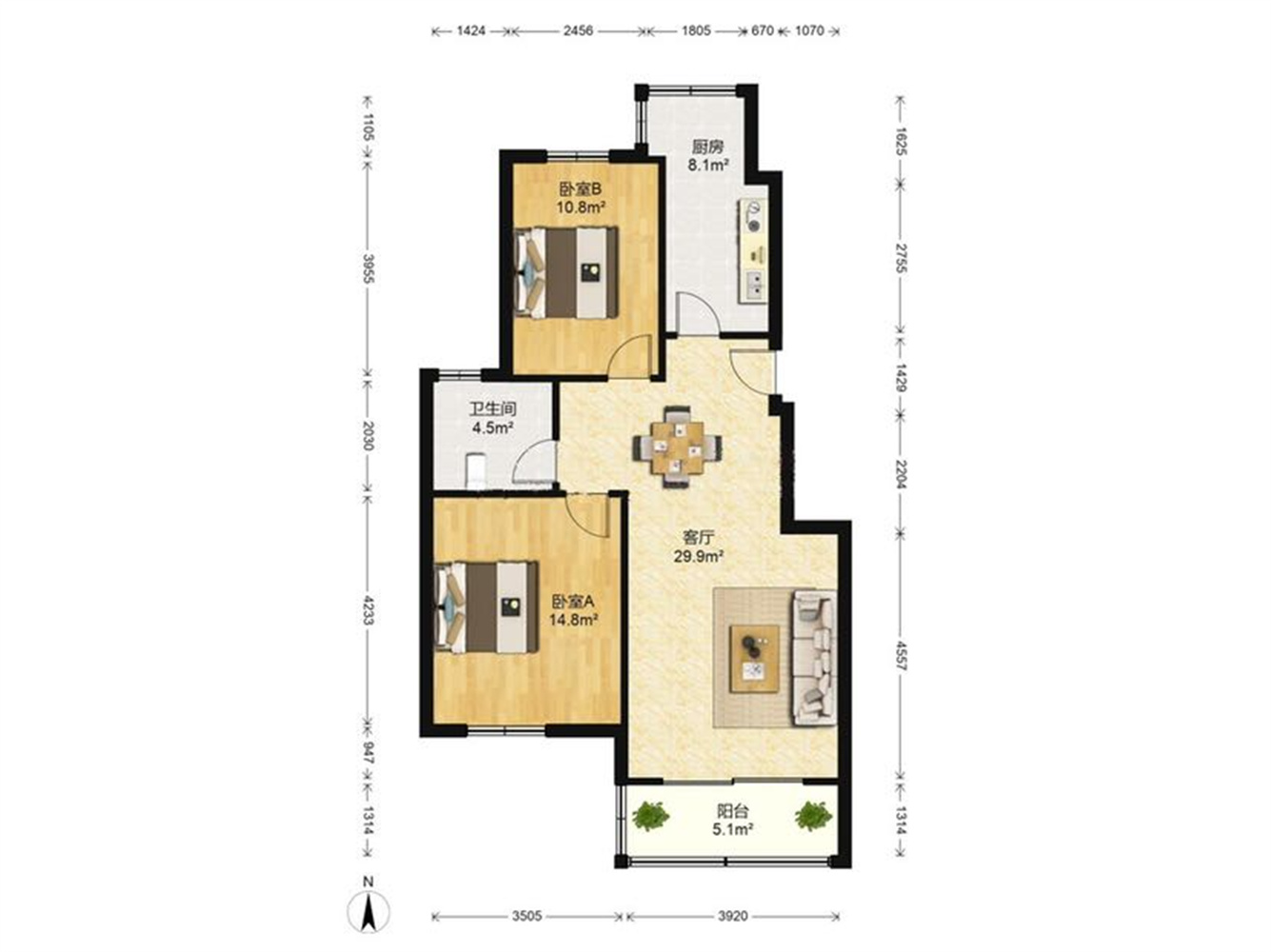 紫东花苑 2室2厅1卫 93m&sup2;