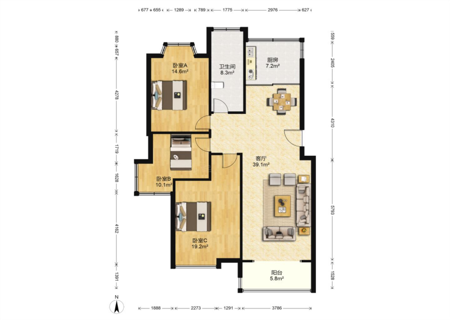 德诚嘉园 3室2厅1卫 110.62m&sup2;