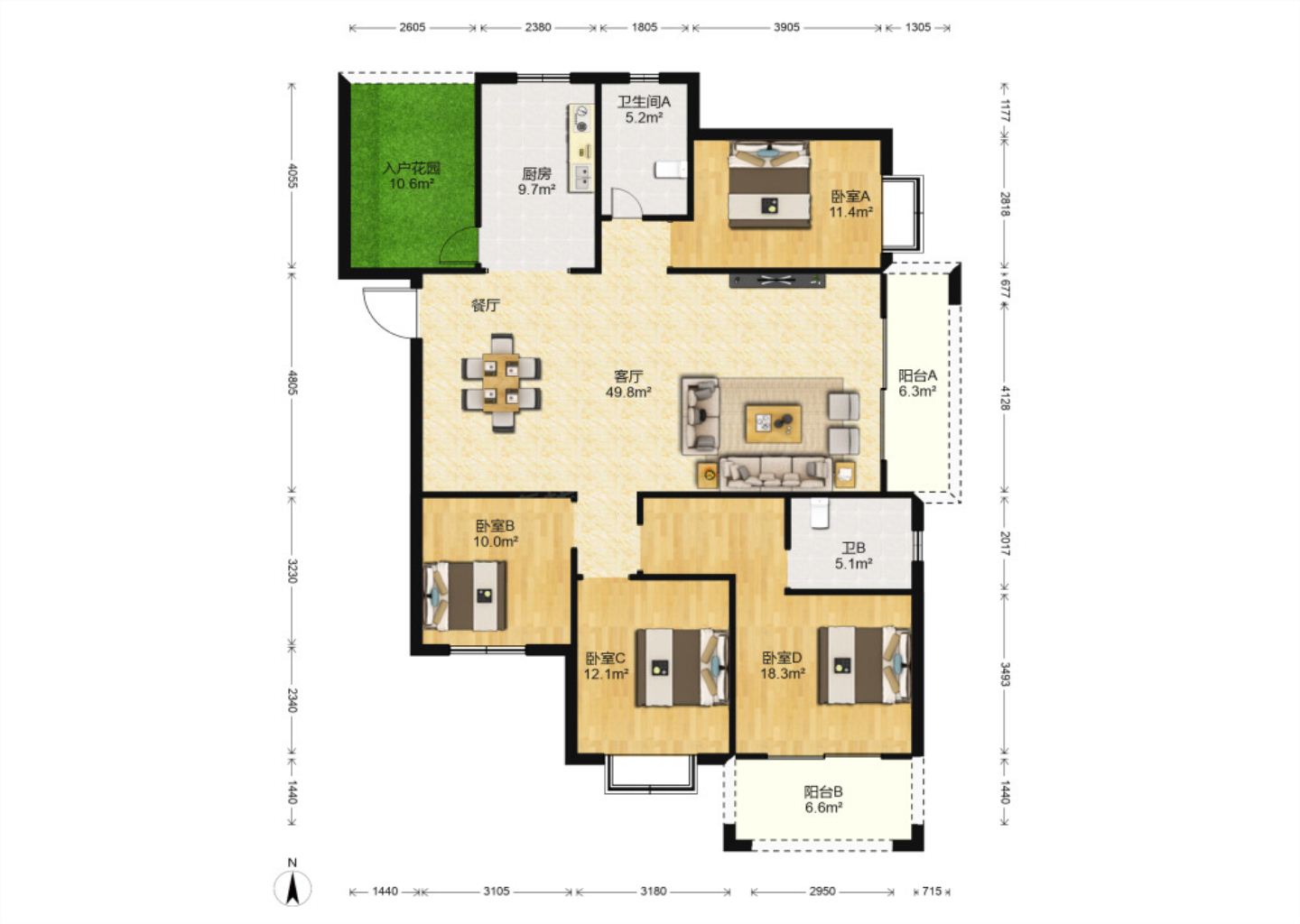 华强城 4室2厅2卫 166.00m&sup2;