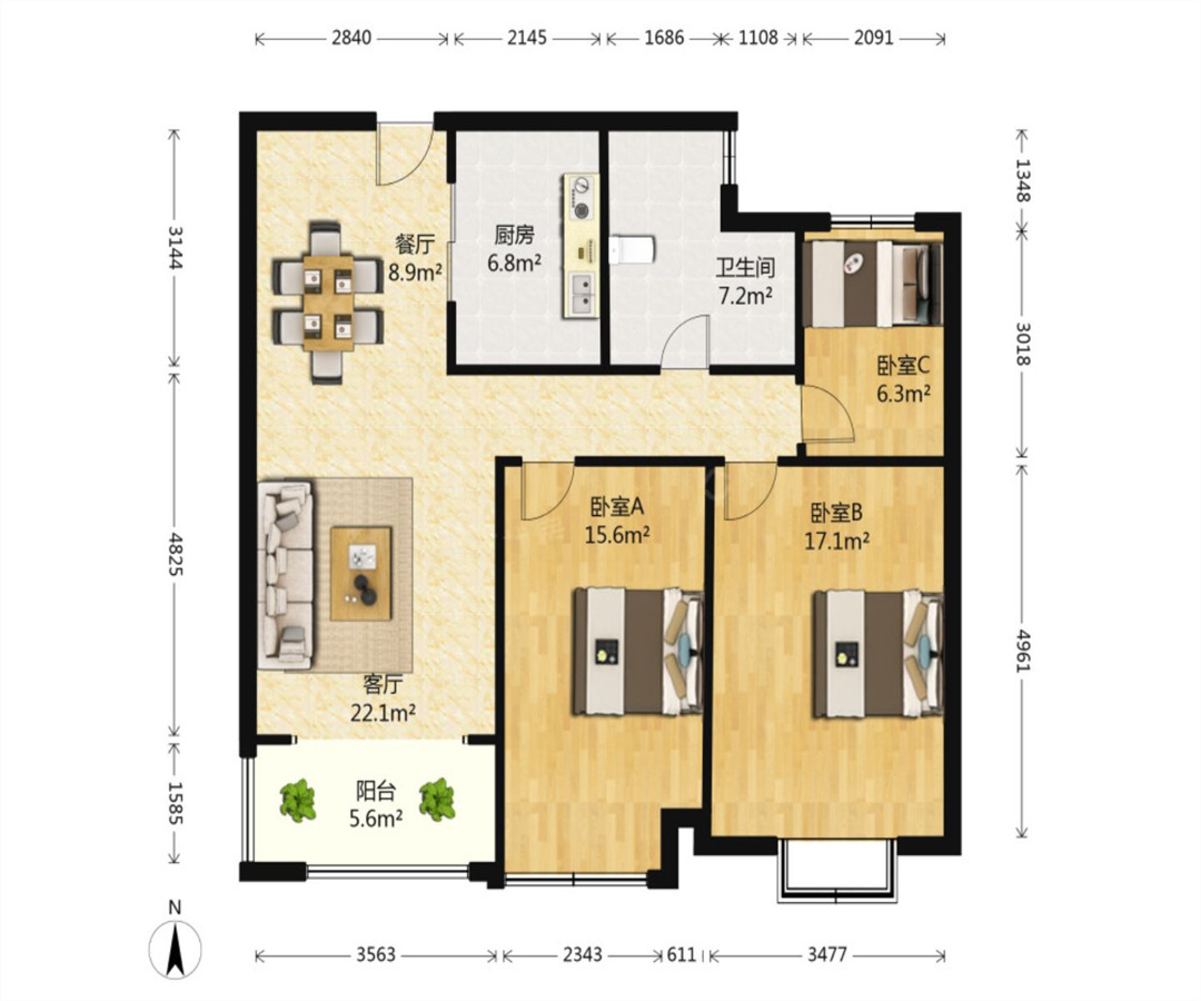 五洲御锦城 3室2厅1卫 108m&sup2;