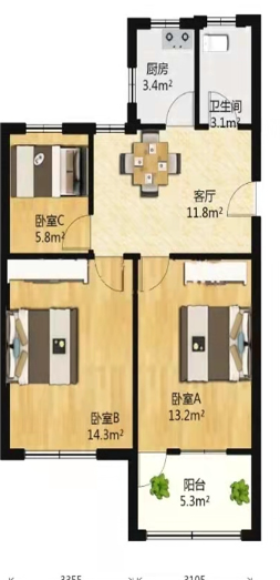 学田苑 3室1厅1卫 73m&sup2;