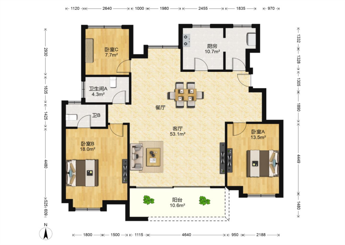 万科白鹭湾 3室2厅1卫 127m&sup2;