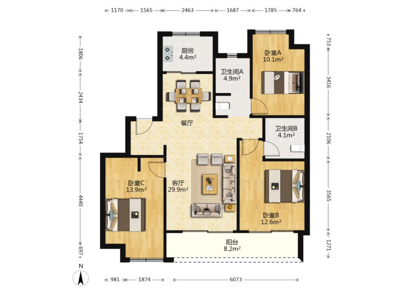 绿城桂语江南 3室2厅1卫 107m&sup2;