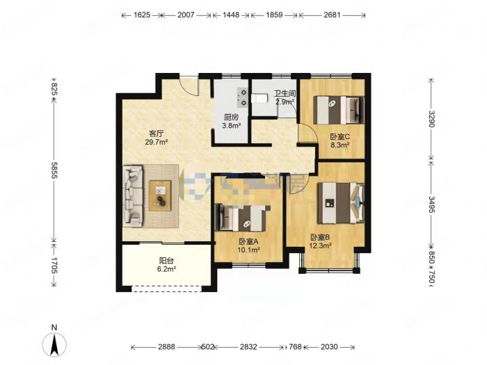 林肯公园 3室2厅1卫 93m&sup2;