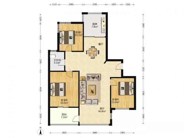 苏建名都城 3室2厅1卫 118m&sup2;