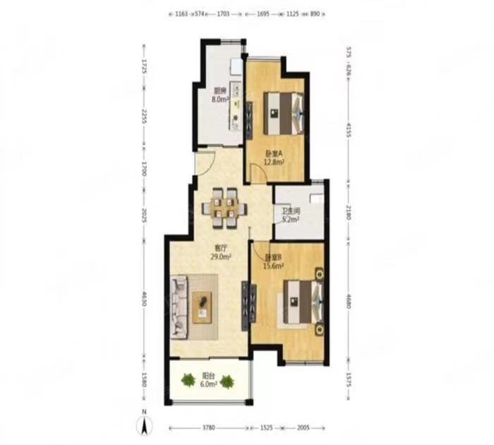 苏建阳光新城 2室2厅1卫 92m&sup2;