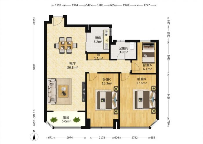 绿地新都会 3室2厅1卫 112m²