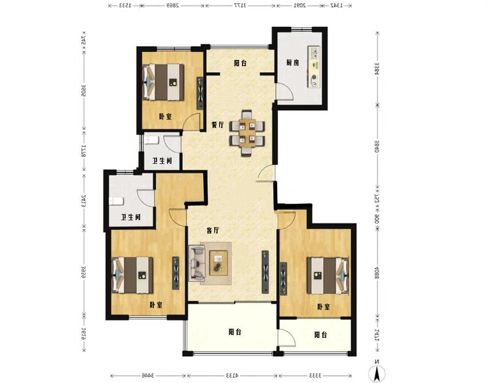 苏建名都城 3室2厅2卫 143.00m&sup2;