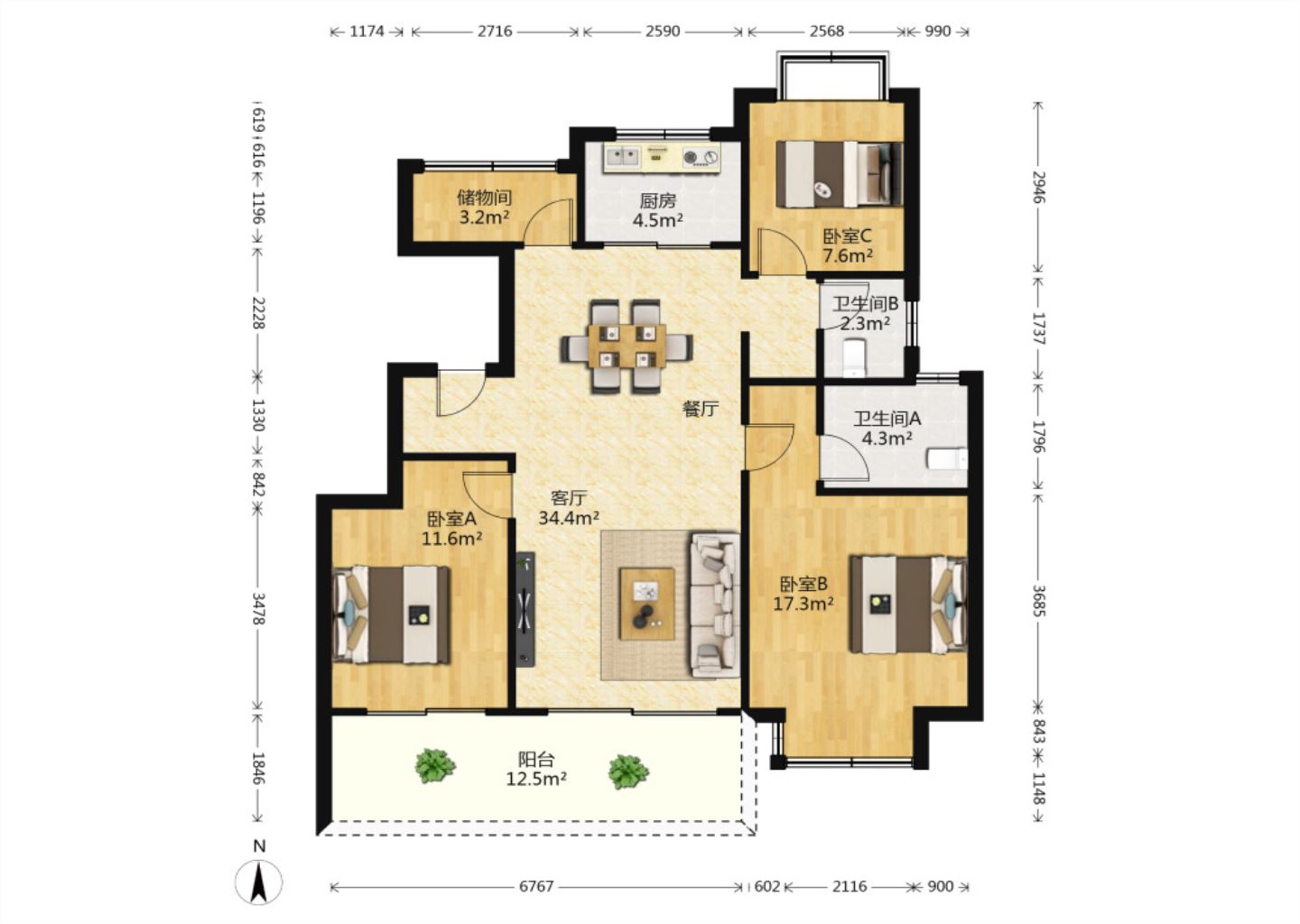 红星天铂 3室2厅2卫 117m&sup2;