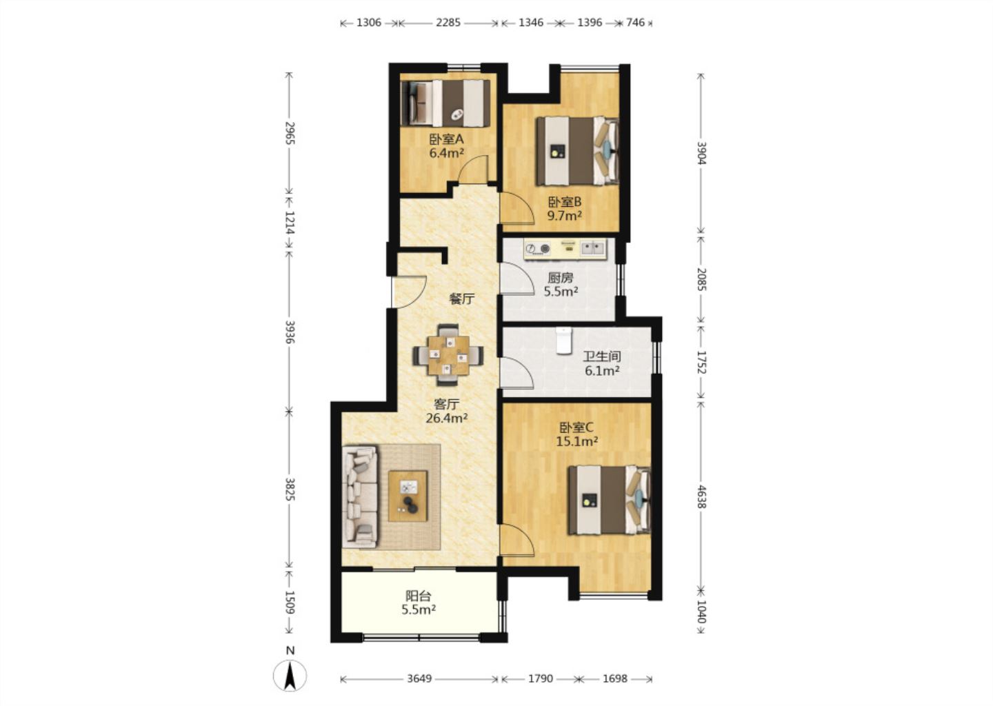 万科金域蓝湾 3室2厅1卫 93.45m&sup2;