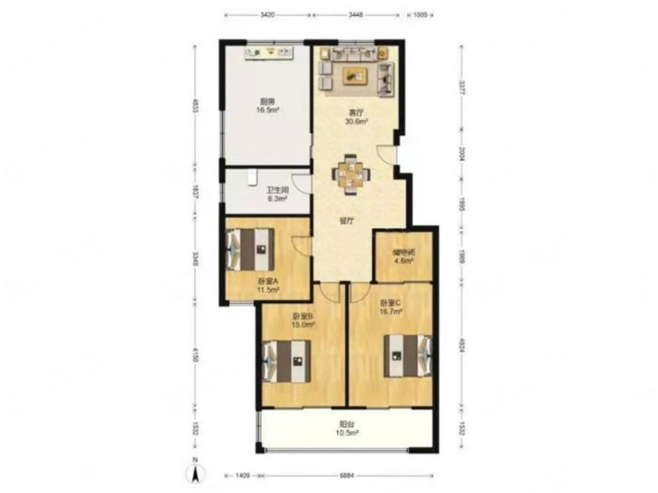 新东方花苑 3室2厅1卫 136.8m&sup2;