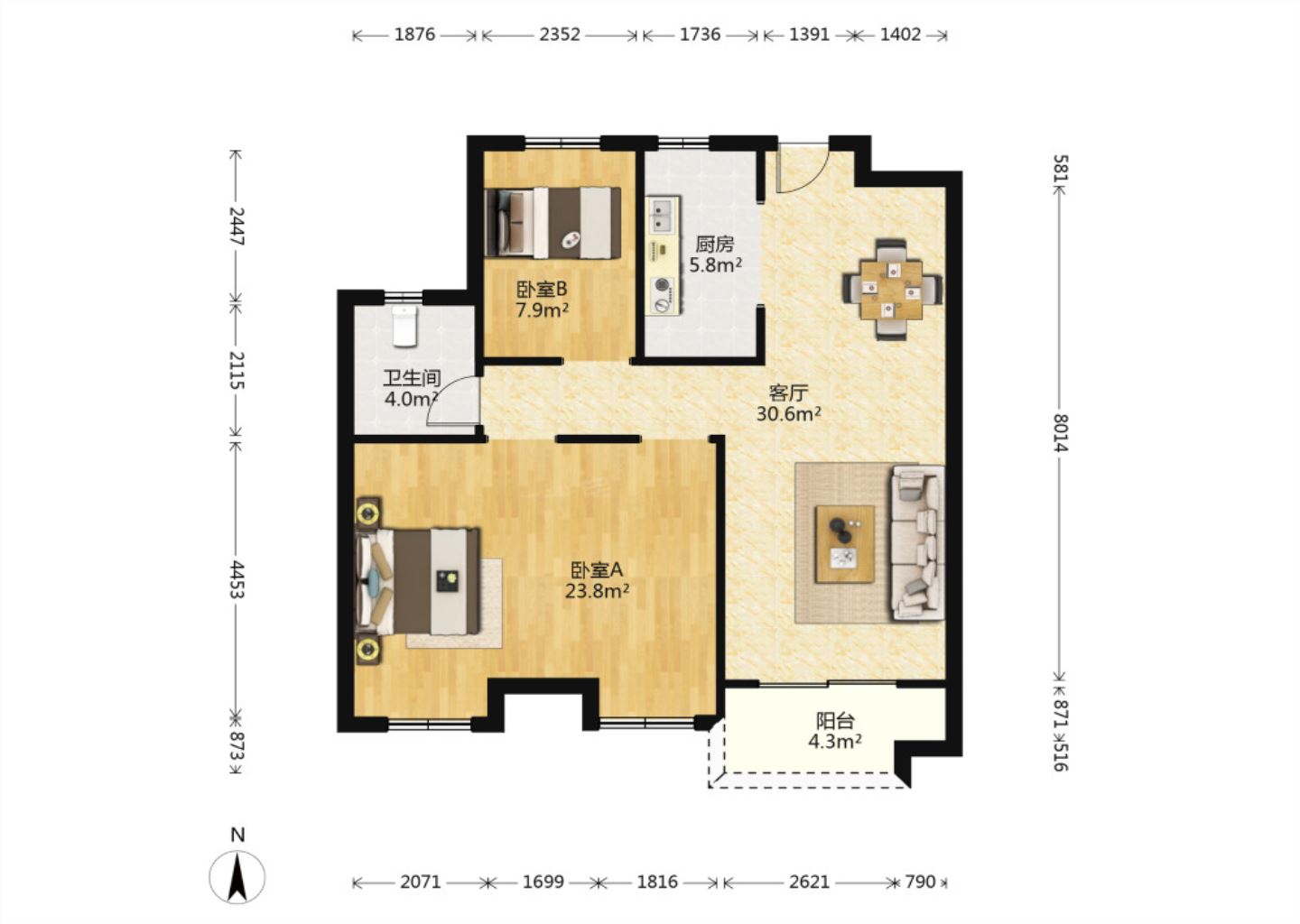 保利香槟国际 3室2厅1卫 100.7m²