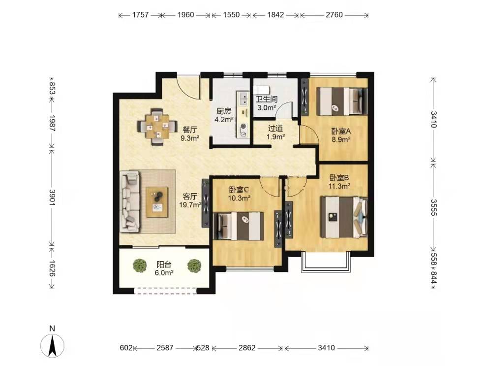 林肯公园 3室2厅1卫 92m&sup2;