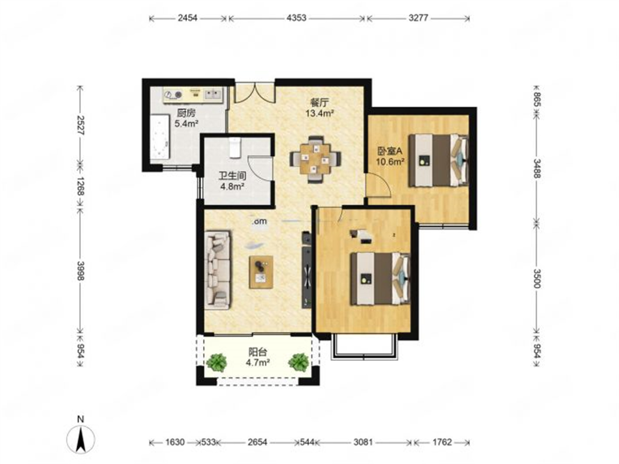 德诚&middot;翰景园 2室1厅1卫 90m&sup2;