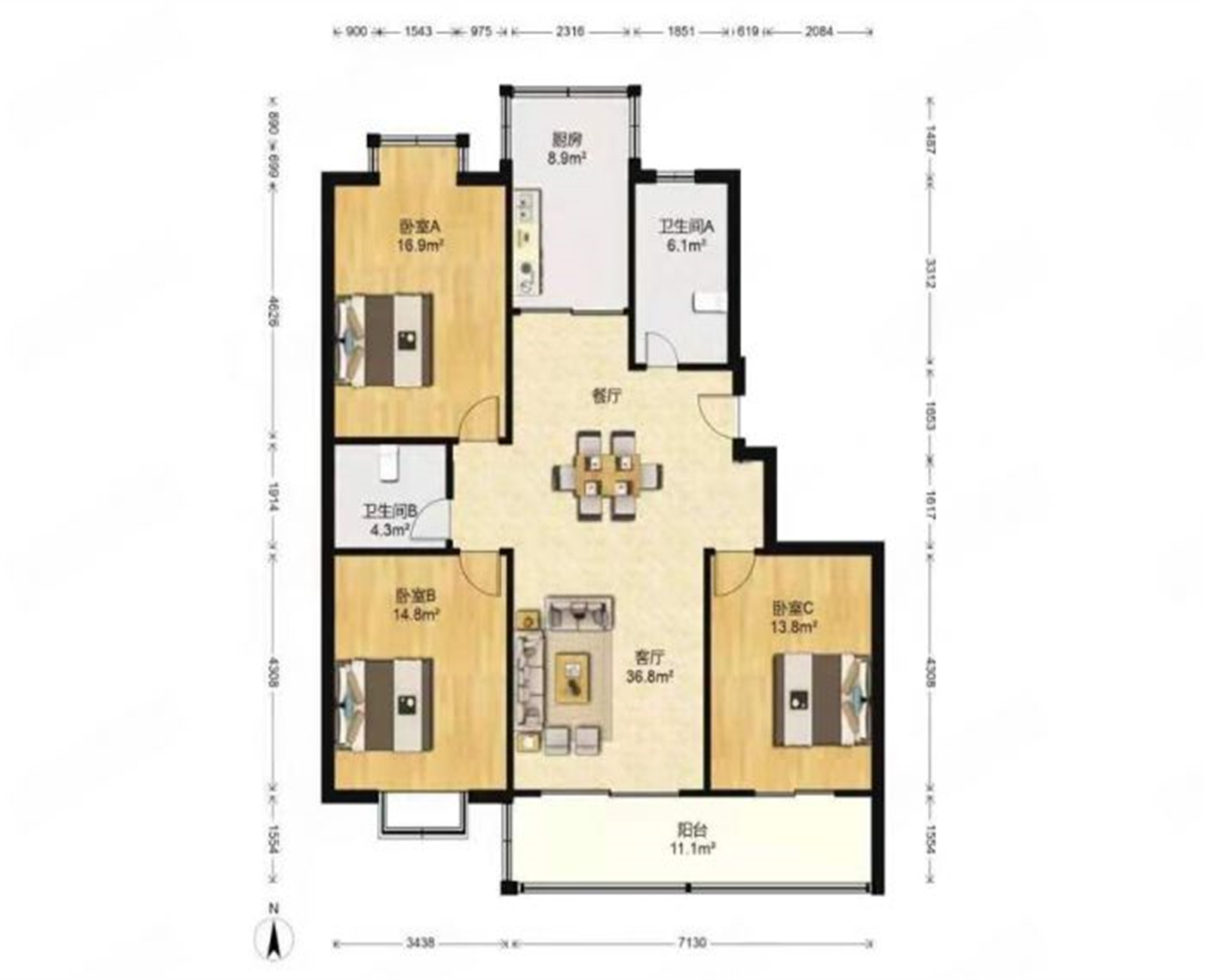 德民花苑 3室2厅2卫 128.34m²