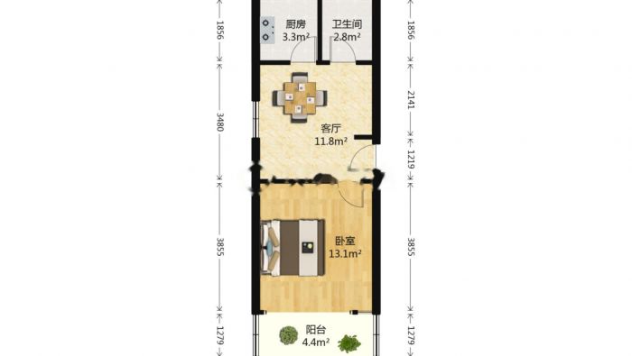 郭里园 1室1厅1卫 46.42m&sup2;