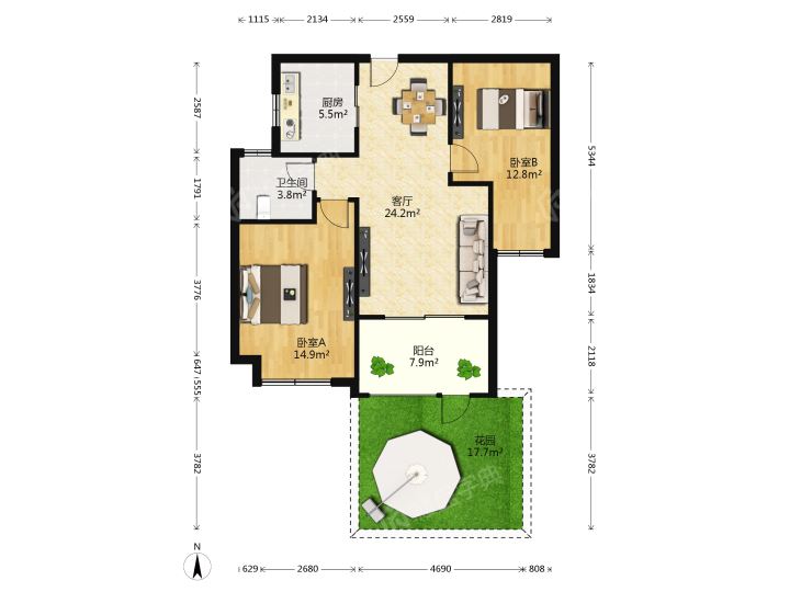 保利香槟国际 2室2厅1卫 89m&sup2;