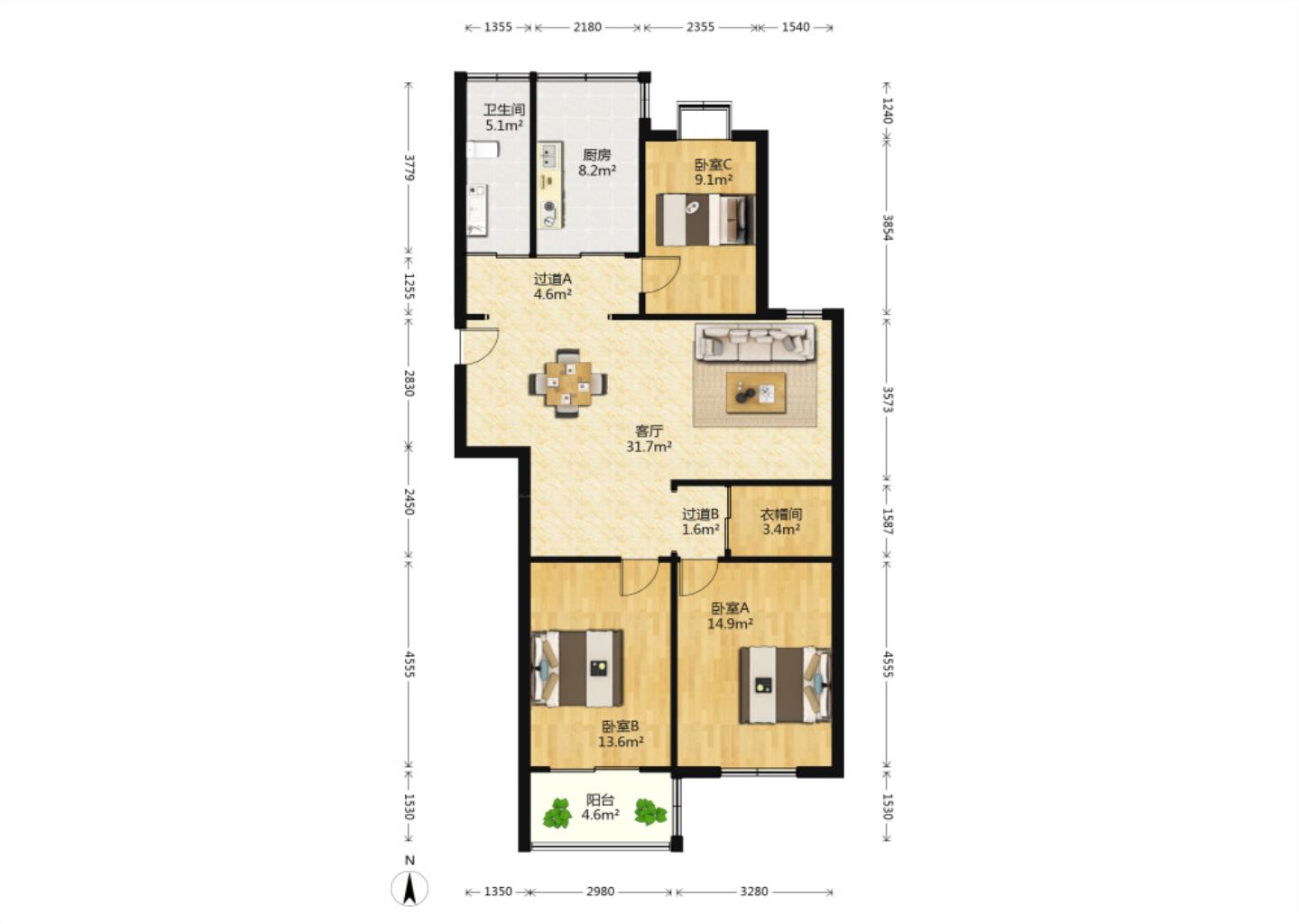 三里墩花苑四期 3室2厅1卫 129.00m&sup2;