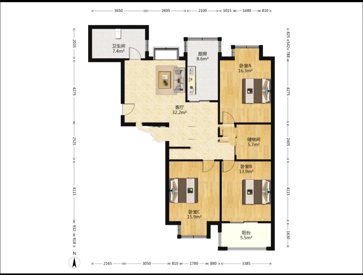 天一裕景苑 3室2厅1卫 132.00m&sup2;