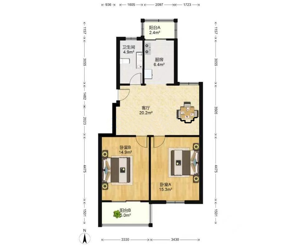 新城新苑 2室2厅1卫 85m&sup2;