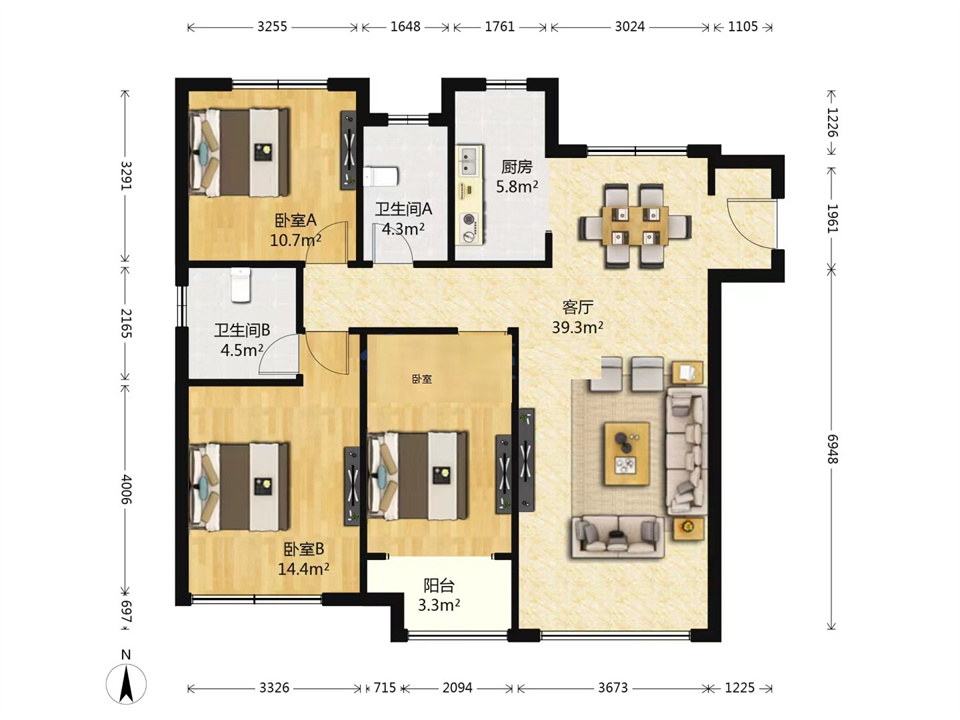 翠园 3室2厅2卫 133.48m&sup2;