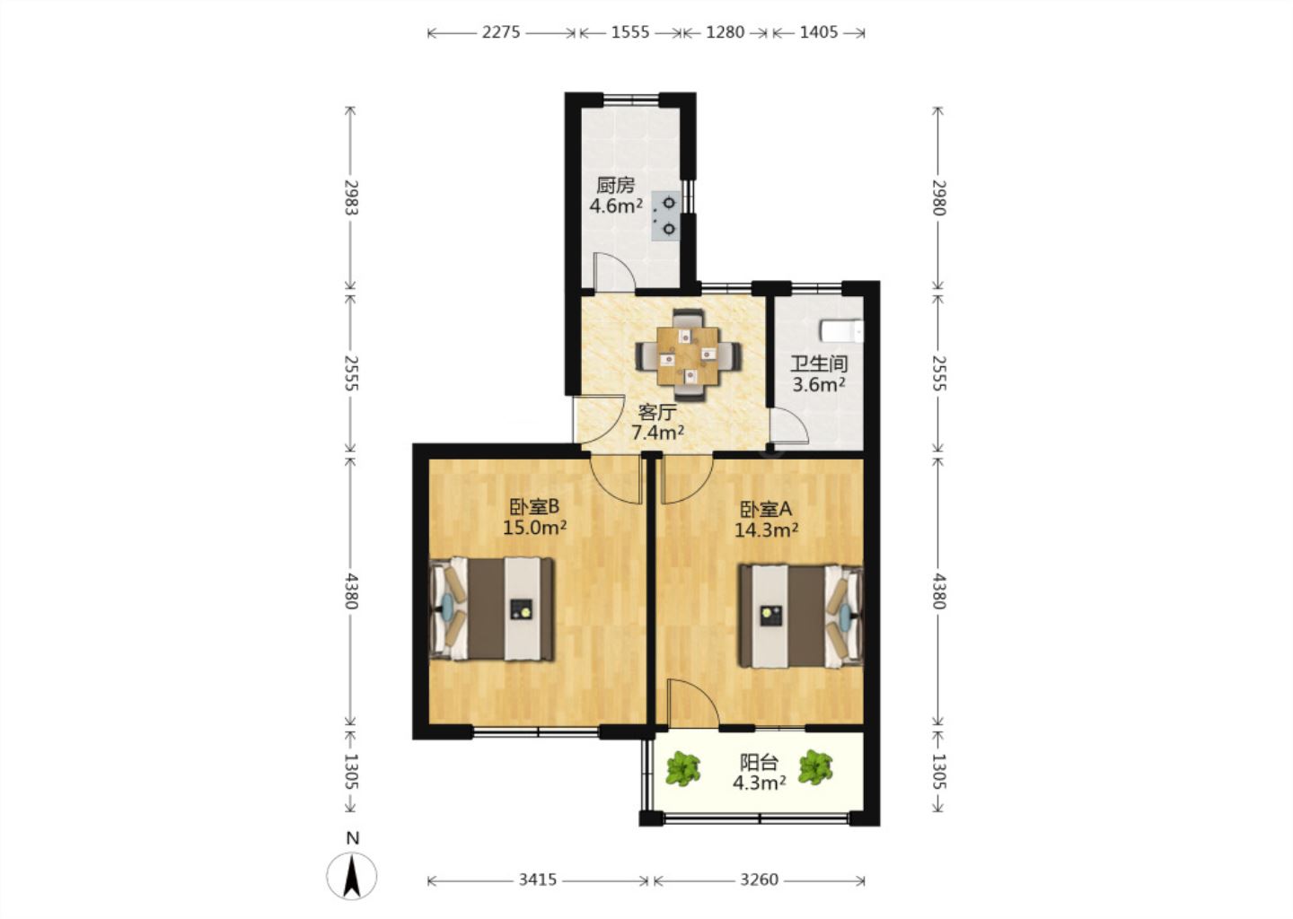 新桥北村 2室1厅1卫 61m&sup2;