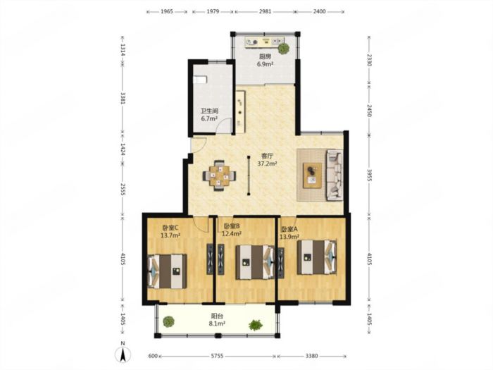 景和花苑 3室2厅1卫 124m&sup2;