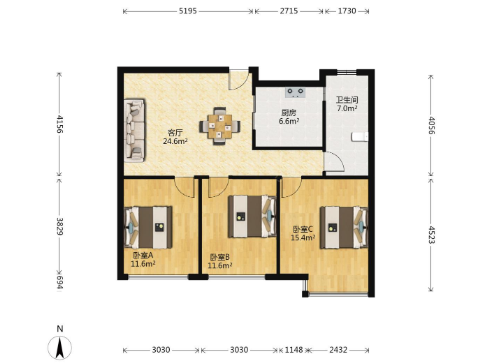 德民旺角 3室1厅1卫 92.00m&sup2;