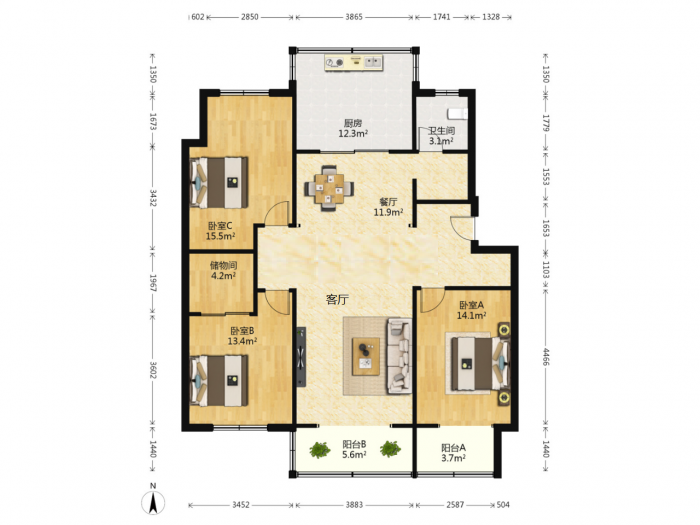 天山花苑 3室2厅1卫 130.75m&sup2;