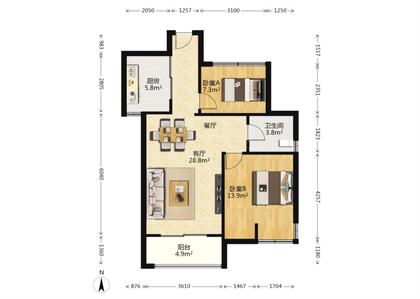 万通城 2室1厅1卫 74.65m&sup2;