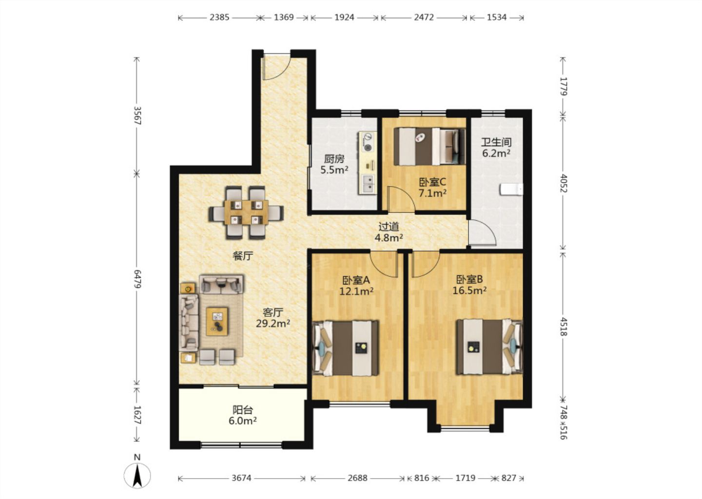 万科金域蓝湾 3室2厅1卫 108m&sup2;