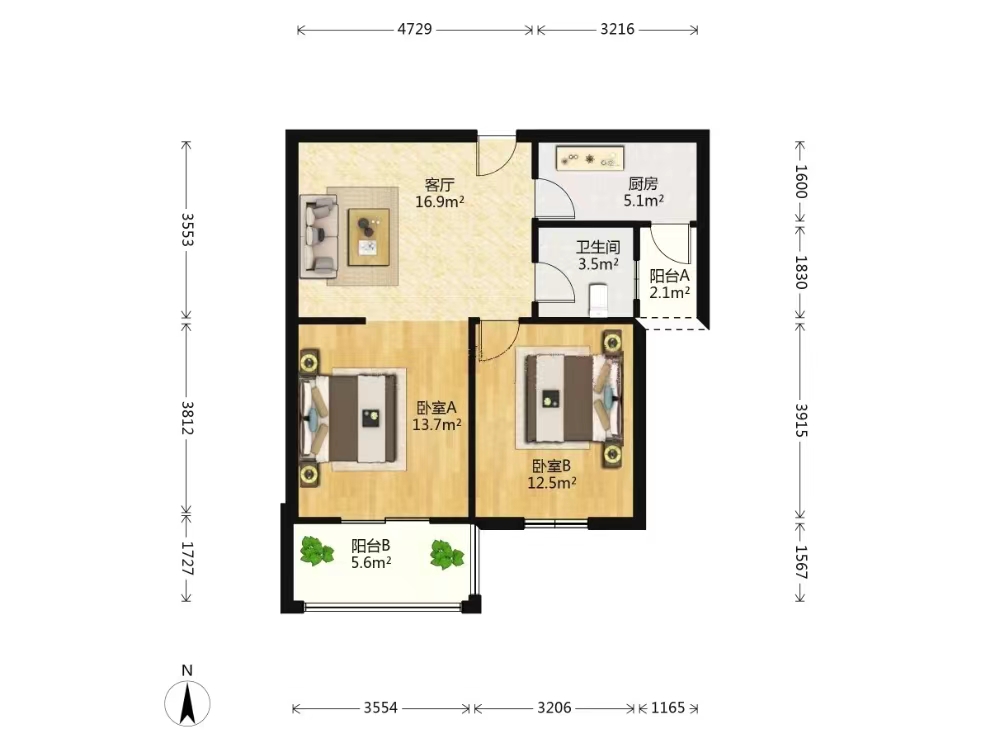 学士府 2室1厅1卫 80m&sup2;