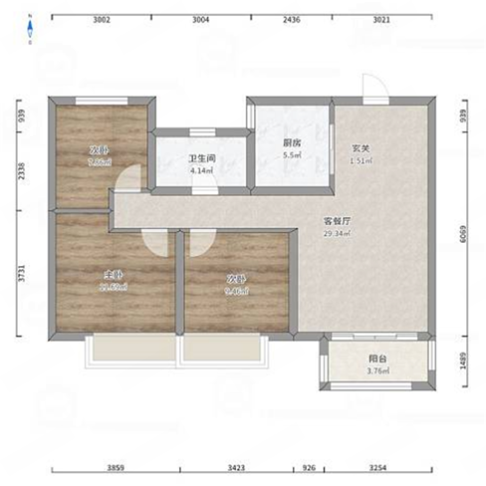 绿地新里城 3室1厅1卫 90m&sup2;