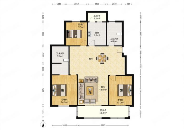 幸福人家 3室2厅2卫 142.38m&sup2;