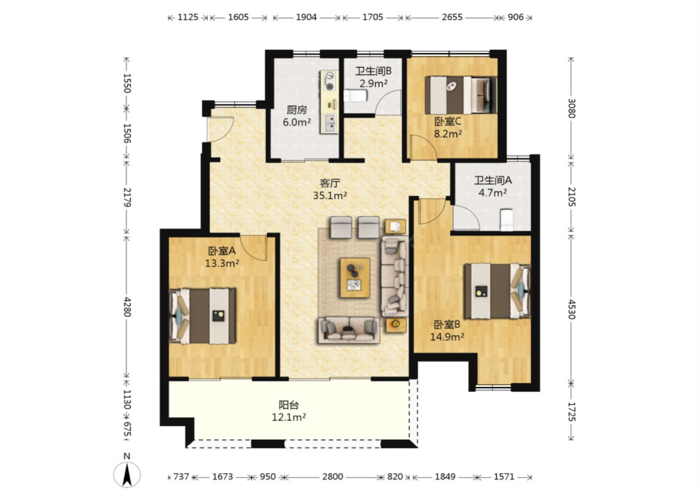 中创大都会 3室2厅2卫 110m&sup2;