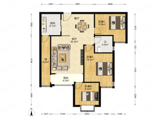 华强城 3室2厅1卫 102m²