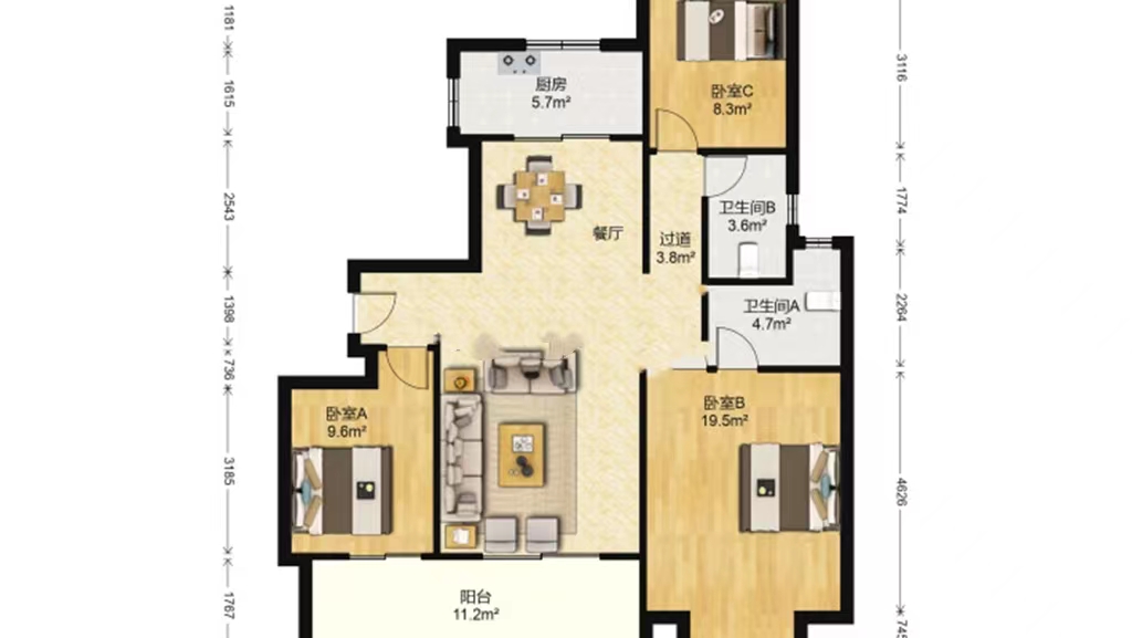 中海上东区 3室2厅2卫 125m&sup2;