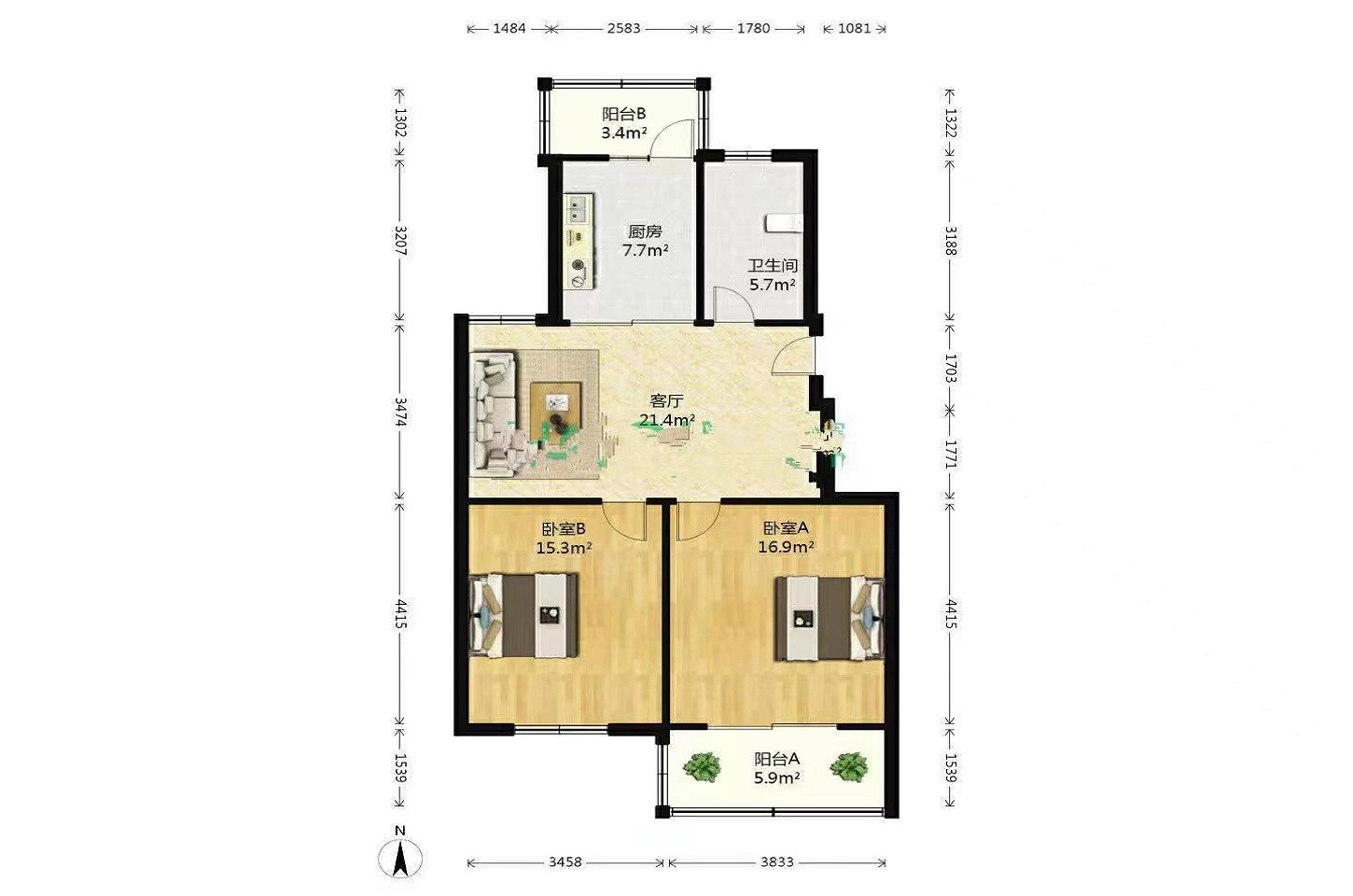 和颐都市绿洲 2室1厅1卫 94m&sup2;