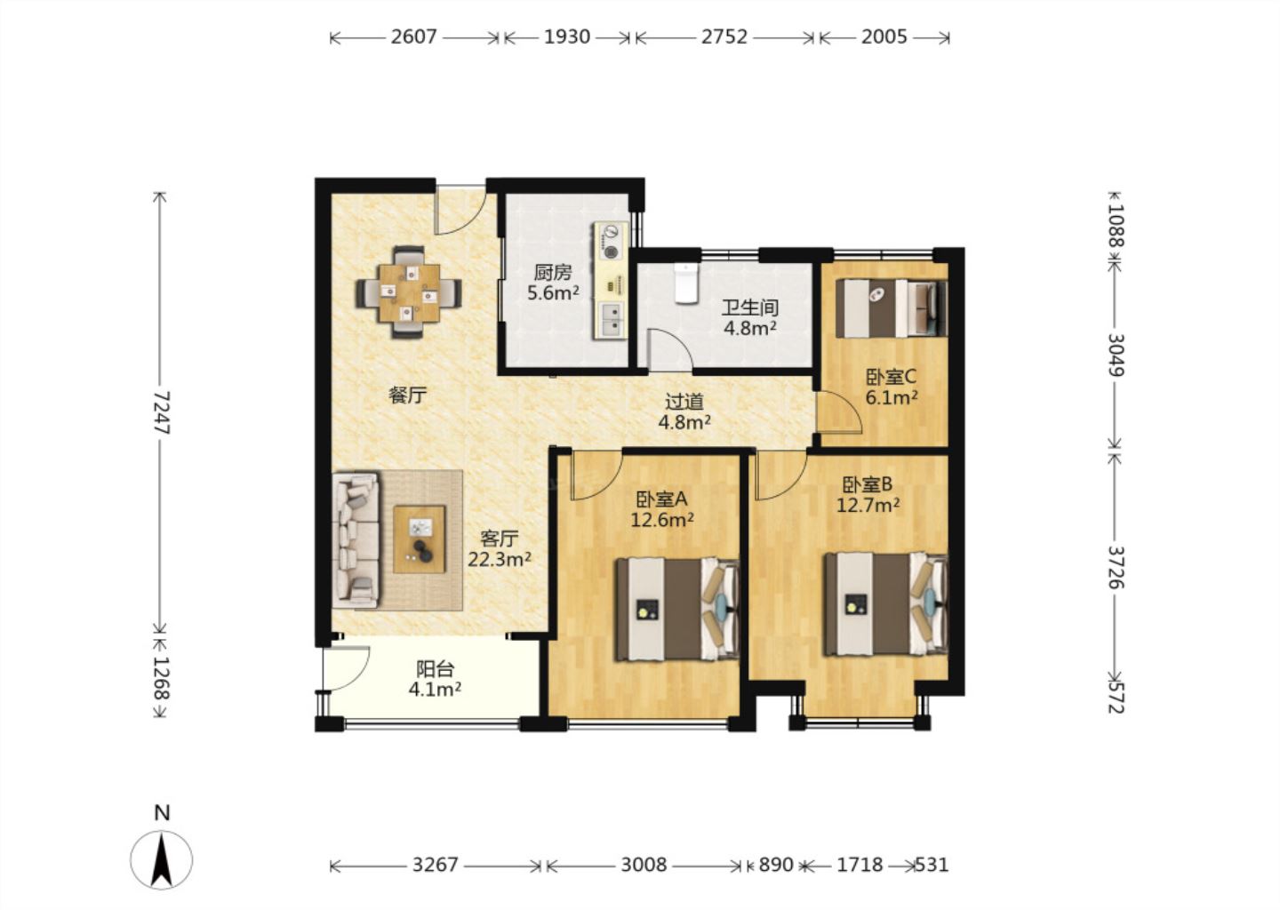 御景澜庭 3室2厅1卫 91.83m&sup2;