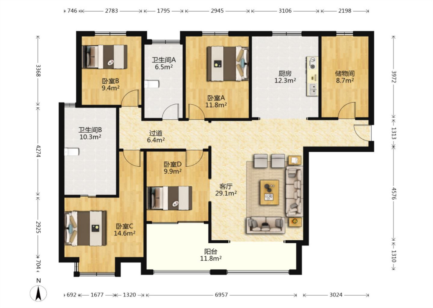 华强城 4室2厅2卫 157m&sup2;