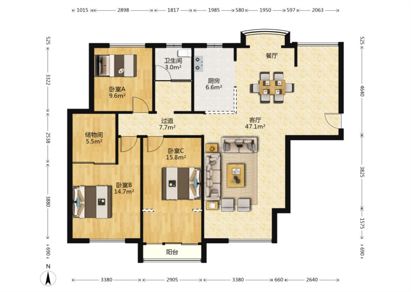 中南世纪花城一期 3室2厅2卫 135m&sup2;
