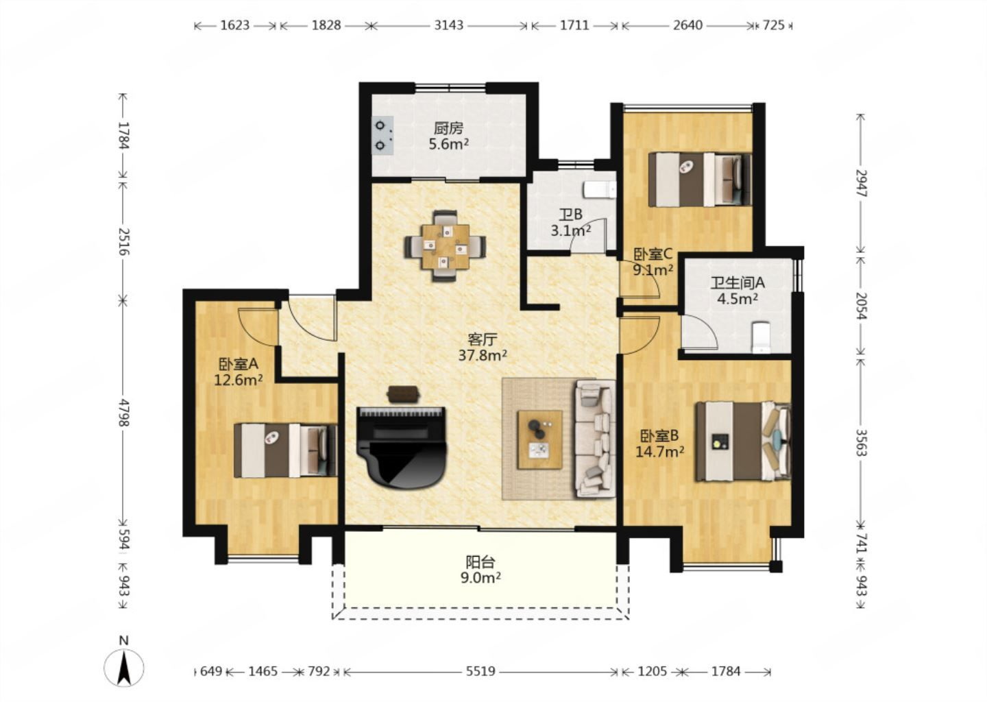 雍华府 3室2厅2卫 113m&sup2;
