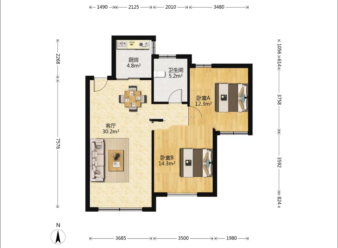 中南世纪花城二期 2室2厅1卫 91.79m&sup2;