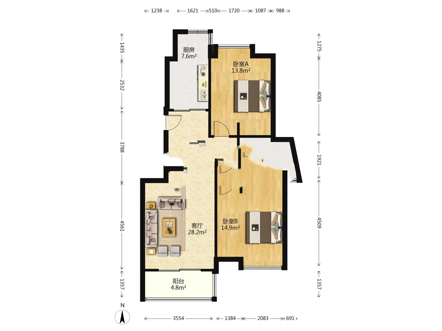 苏建阳光新城 2室2厅1卫 97.6m&sup2;