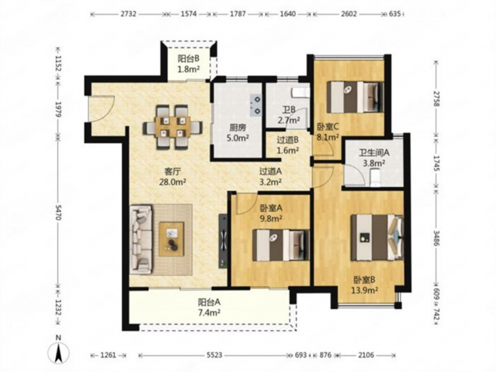 雍华府 3室2厅2卫 114m&sup2;