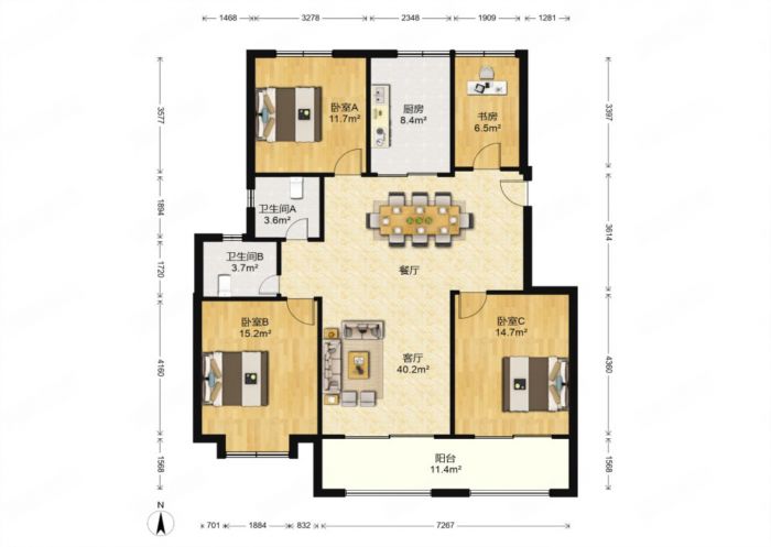盛和九里香堤一期 4室2厅2卫 124.00m&sup2;