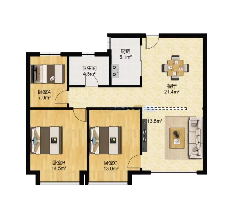 中南世纪花城三期 3室2厅1卫 130.00m&sup2;