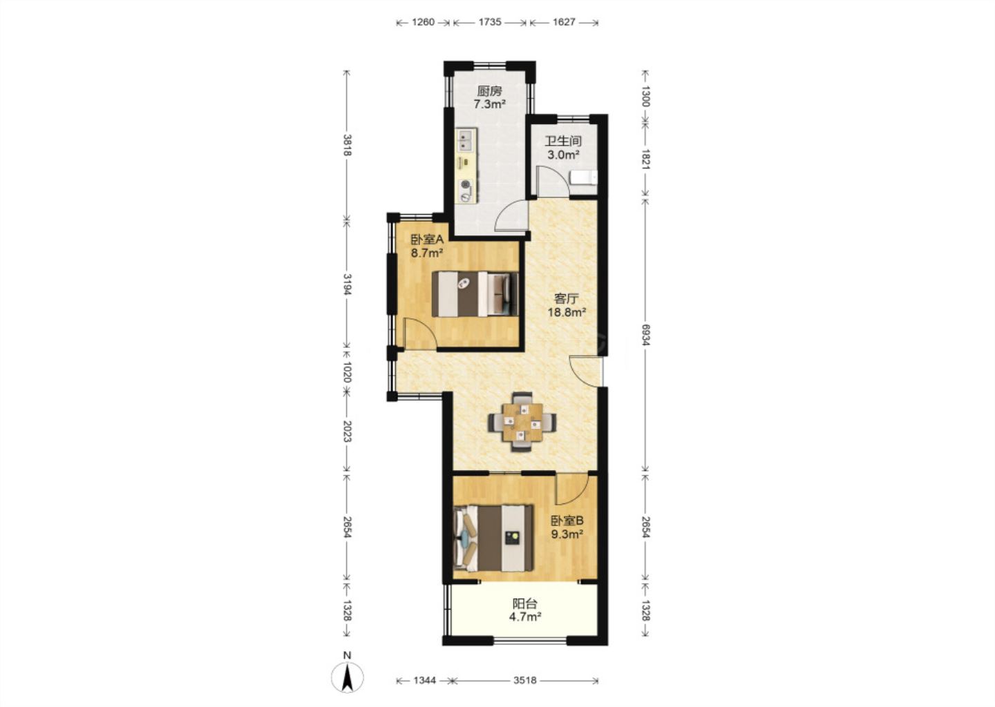 龙田花苑一期 2室1厅1卫 56.52m&sup2;
