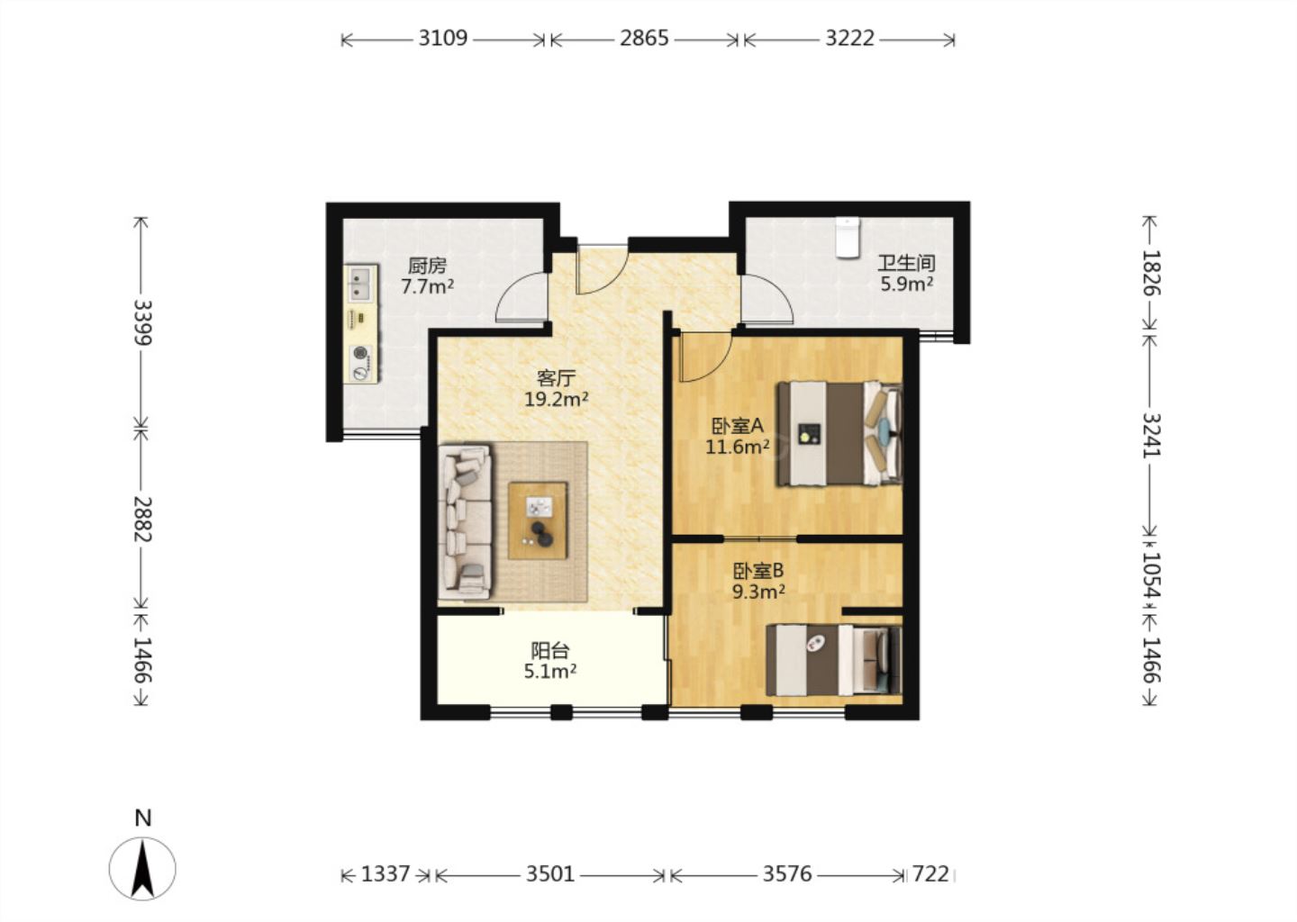 竹韵花园 2室2厅1卫 69m&sup2;